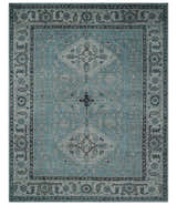 Distressed Hand Knotted Multi Size Blue, Silver and Charcoal Traditional Low Pile Wool Area Rug
