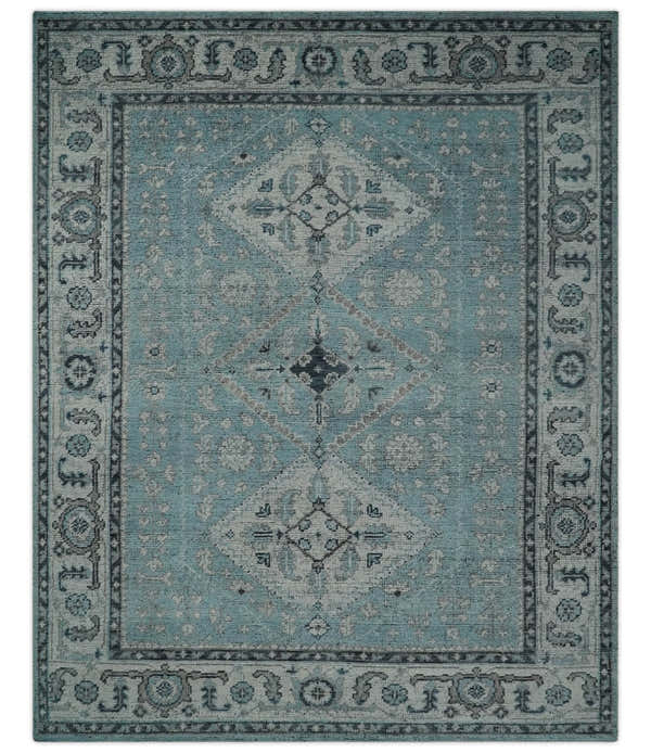 Distressed Hand Knotted Multi Size Blue, Silver and Charcoal Traditional Low Pile Wool Area Rug