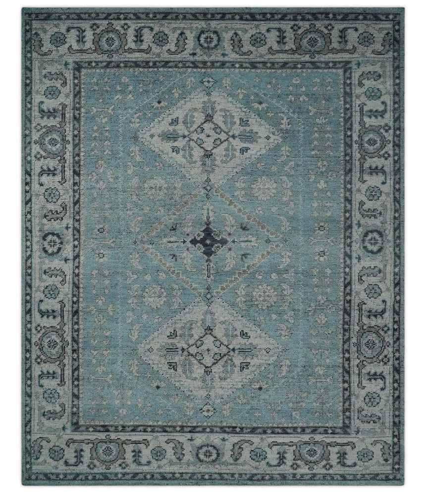 Distressed Hand Knotted Multi Size Blue, Silver and Charcoal Traditional Low Pile Wool Area Rug