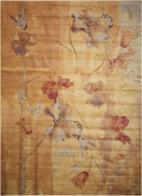 Close-up of the Nourison Somerset Beige Farmhouse Area Rug featuring a floral pattern in beige, brown, and red tones.