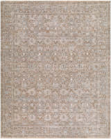 Close-up of Kikuko Goguku rug. Traditional design in beige, ivory, slate gray, and taupe. Machine woven polyester texture. Design-Rectangle-71010