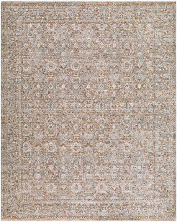 Close-up of Kikuko Goguku rug. Traditional design in beige, ivory, slate gray, and taupe. Machine woven polyester texture. Design-Rectangle-71010