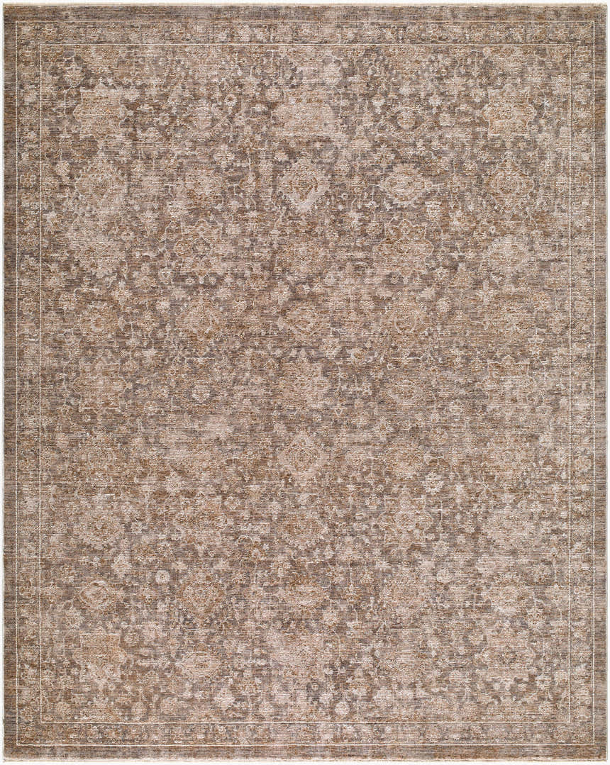 Close-up of the Finlay Fepyci Traditional Area Rug. Machine-woven polyester rug in ivory, sandstone, sepia, and taupe. Floral pattern. Design-Rectangle-71010