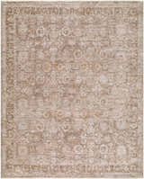 Close-up of the Genero Fovaga rug. Traditional beige, cream, and taupe floral pattern. Machine woven polyester texture. Design-Rectangle-71010