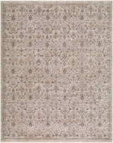 Close-up of Leedor Panoto Traditional Rug. Machine woven polyester in charcoal, ivory, sandstone, and taupe. Floral pattern. Design-Rectangle-71010