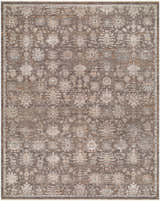 Close-up of the Dannon Rokary rug. Traditional design in charcoal, dusty brown, ivory, and taupe. Machine woven texture. Design-Rectangle-71010