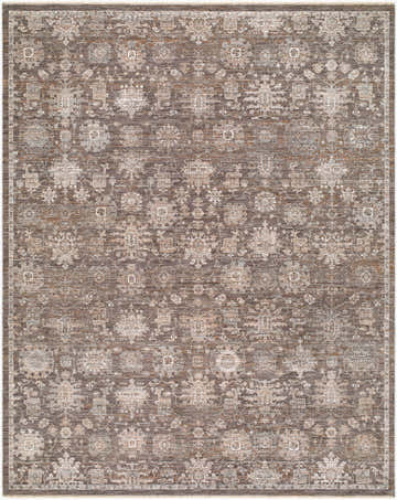 Close-up of the Dannon Rokary rug. Traditional design in charcoal, dusty brown, ivory, and taupe. Machine woven texture. Design-Rectangle-71010