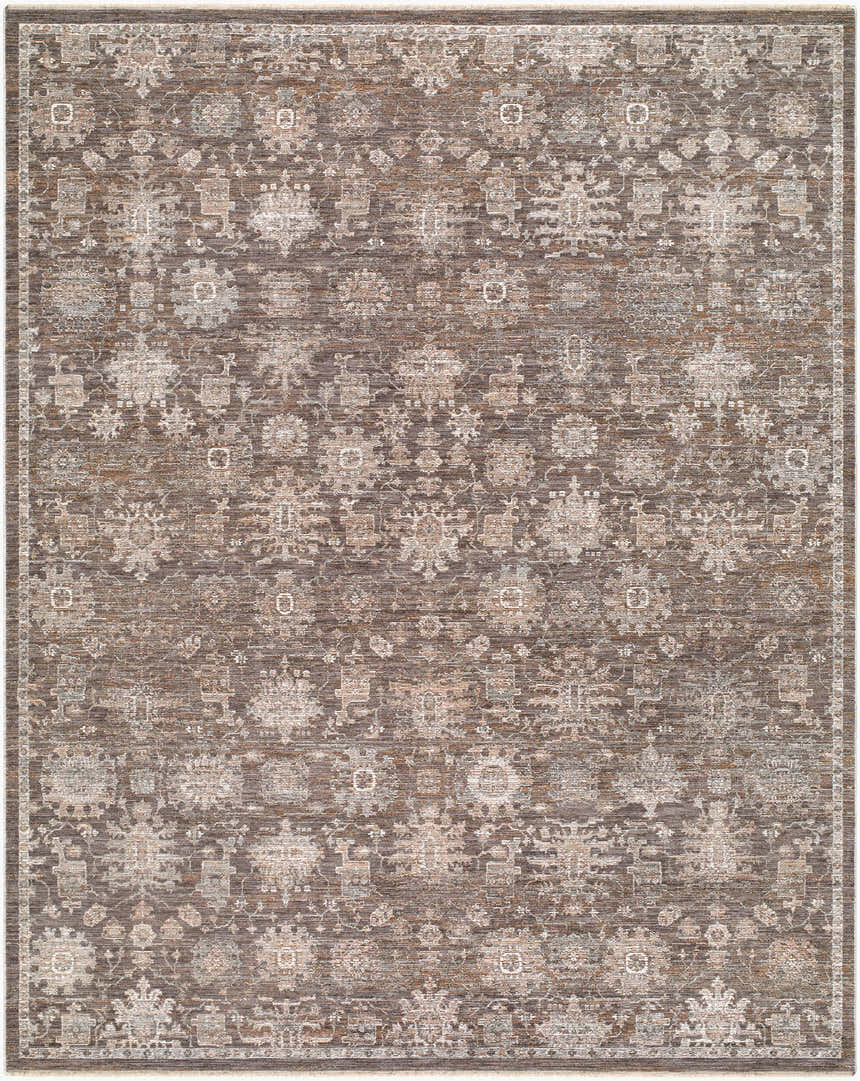 Close-up of the Dannon Rokary rug. Traditional design in charcoal, dusty brown, ivory, and taupe. Machine woven texture. Design-Rectangle-71010