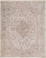 Close-up of the Lakyle Rofovy rug. Traditional floral pattern in beige, charcoal, ivory, and taupe. Machine woven texture. Design-Rectangle-71010