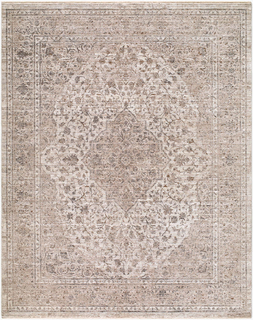 Close-up of the Lakyle Rofovy rug. Traditional floral pattern in beige, charcoal, ivory, and taupe. Machine woven texture. Design-Rectangle-71010