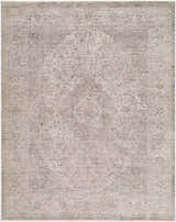 Close-up of the Lakyle Mecefo rug. Traditional design in charcoal, ivory, stone, tan, and taupe. Machine woven polyester. Design-Rectangle-71010