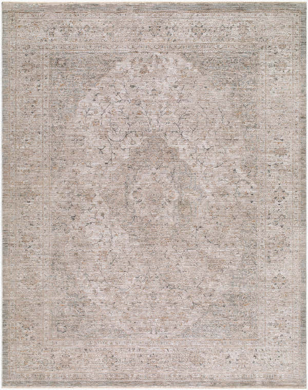 Close-up of the Lakyle Mecefo rug. Traditional design in charcoal, ivory, stone, tan, and taupe. Machine woven polyester. Design-Rectangle-71010