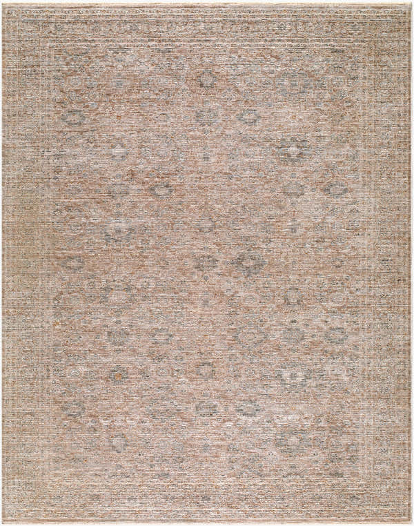 Close-up of the Kehepa Gehiby rug. Traditional design in ivory, sandstone, slate gray, and taupe. Machine woven texture. Design-Rectangle-71010