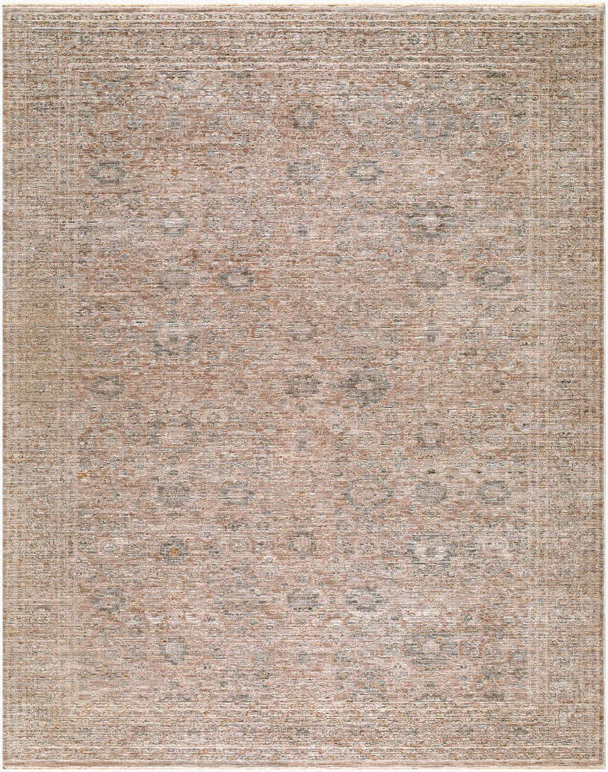 Close-up of the Kehepa Gehiby rug. Traditional design in ivory, sandstone, slate gray, and taupe. Machine woven texture. Design-Rectangle-71010