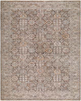 Close-up of the Kehepa Cofubu rug. Traditional floral pattern in blue, burnt sienna, ivory, stone gray, and taupe. Design-Rectangle-71010