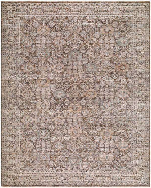 Close-up of the Kehepa Cofubu rug. Traditional floral pattern in blue, burnt sienna, ivory, stone gray, and taupe. Design-Rectangle-71010