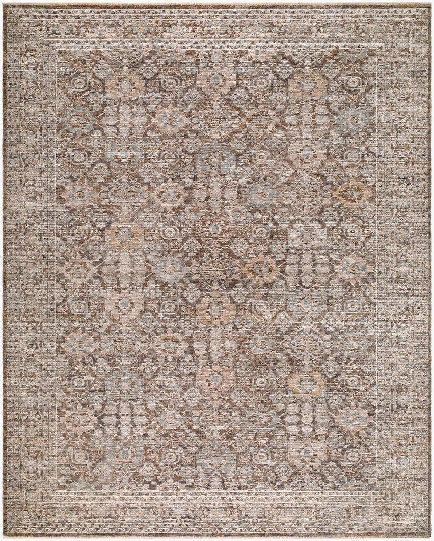 Close-up of the Kehepa Cofubu rug. Traditional floral pattern in blue, burnt sienna, ivory, stone gray, and taupe. Design-Rectangle-71010