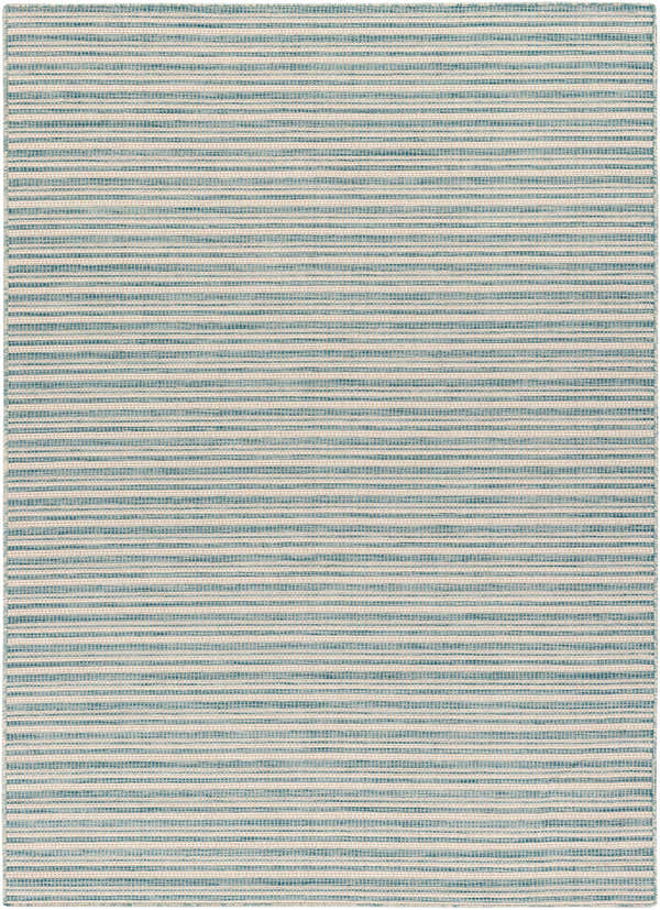 Close-up of the Greg Teal Area Rug featuring a horizontal stripe pattern in teal, gray, and natural colors. Design-Rectangle-517