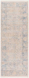 Close-up of the Dian Area Rug in light ivory with a faded dark blue traditional pattern and fringed edges. Design-Runner-2773