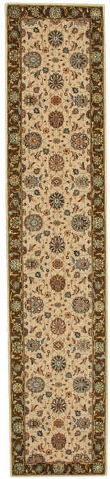 Close-up of Nourison Living Treasures Beige Traditional Area Rug runner with floral pattern and brown border.