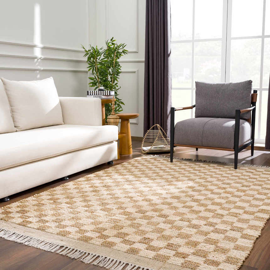 Living room with a beige sofa, gray chair, and Ionut Checkered Jute Area Rug in beige and tan. Farmhouse style. Roomscene-Rectangle