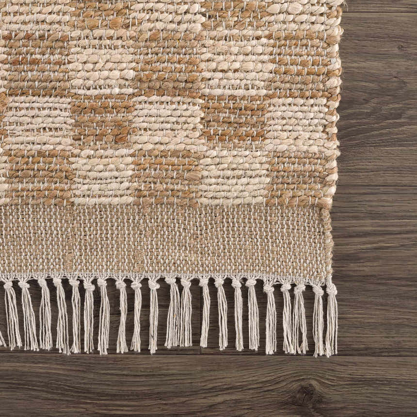 Close-up of the hand-woven Ionut Checkered Jute Area Rug, showcasing its beige and tan checkered pattern and knotted fringe detail. Swatch