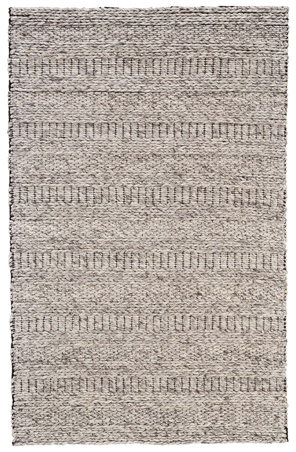 Close-up of the Feizy Berkeley rug. Hand-woven wool rug in ivory, gray, and tan with a geometric pattern. Design-Rectangle