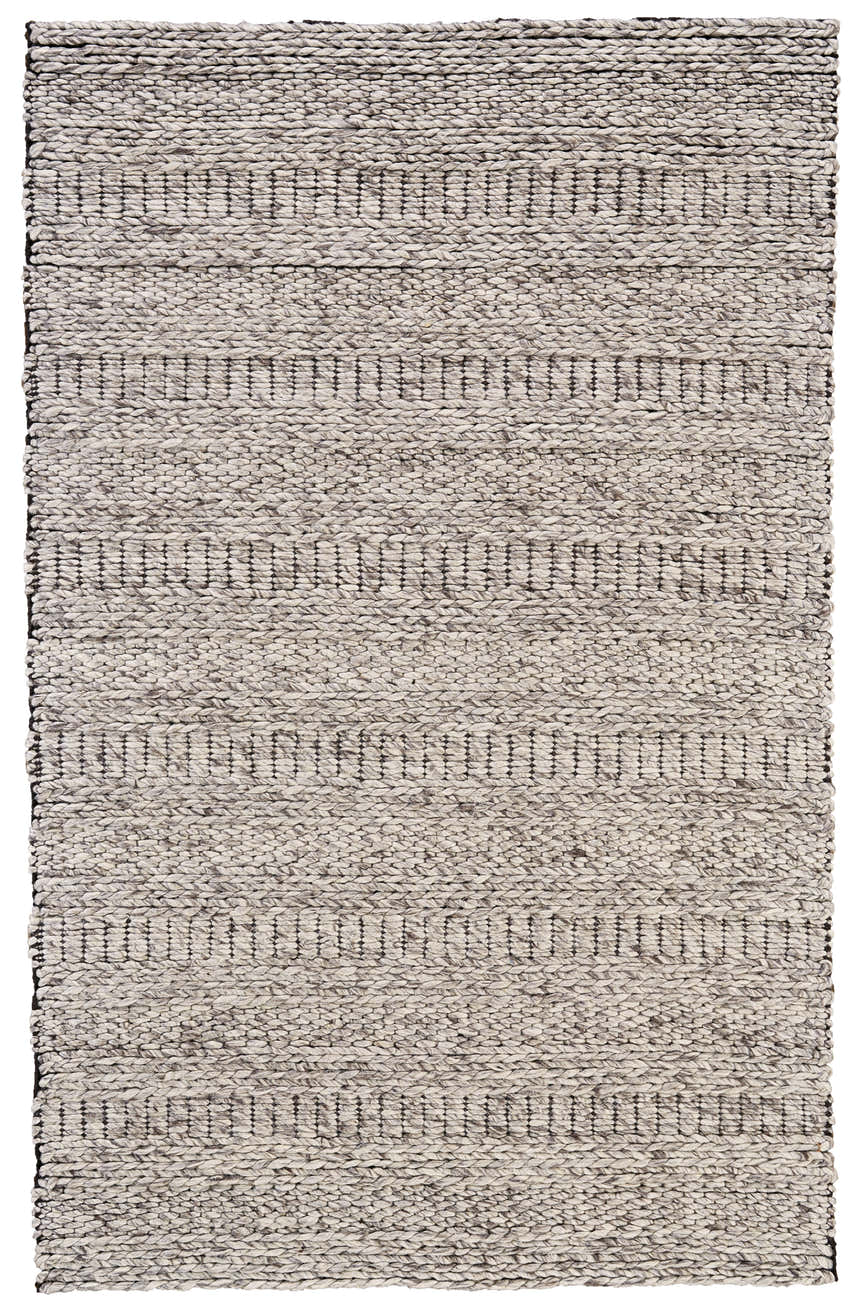 Close-up of the Feizy Berkeley rug. Hand-woven wool rug in ivory, gray, and tan with a geometric pattern. Design-Rectangle