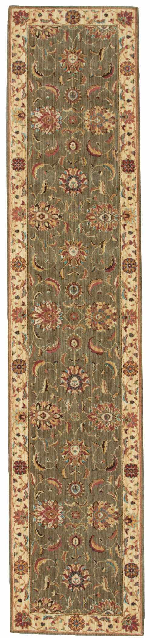 Close-up of Nourison Living Treasures Green Traditional rug runner with floral pattern and ivory border.