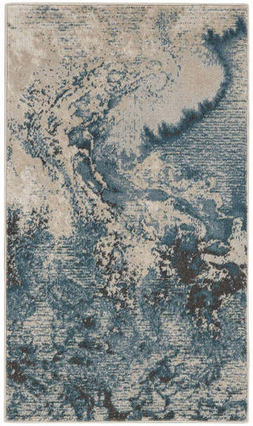 Close-up of Nourison Maxell Ivory/Teal rug. Abstract pattern in shades of teal, ivory, and chestnut. Modern design.