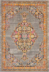 Close-up of Nourison Passionate Grey Bohemian Indoor Area Rug with orange border and floral medallion pattern.