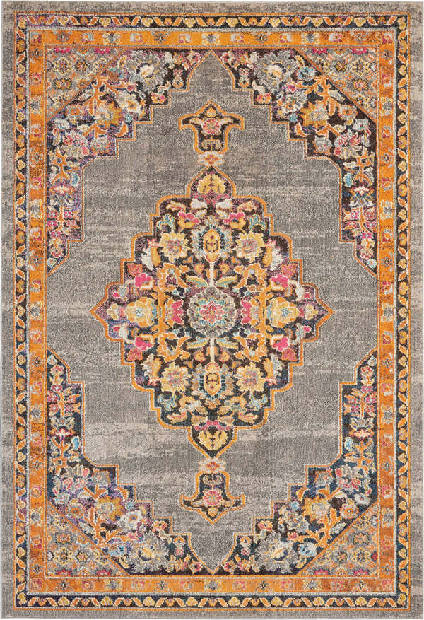 Close-up of Nourison Passionate Grey Bohemian Indoor Area Rug with orange border and floral medallion pattern.