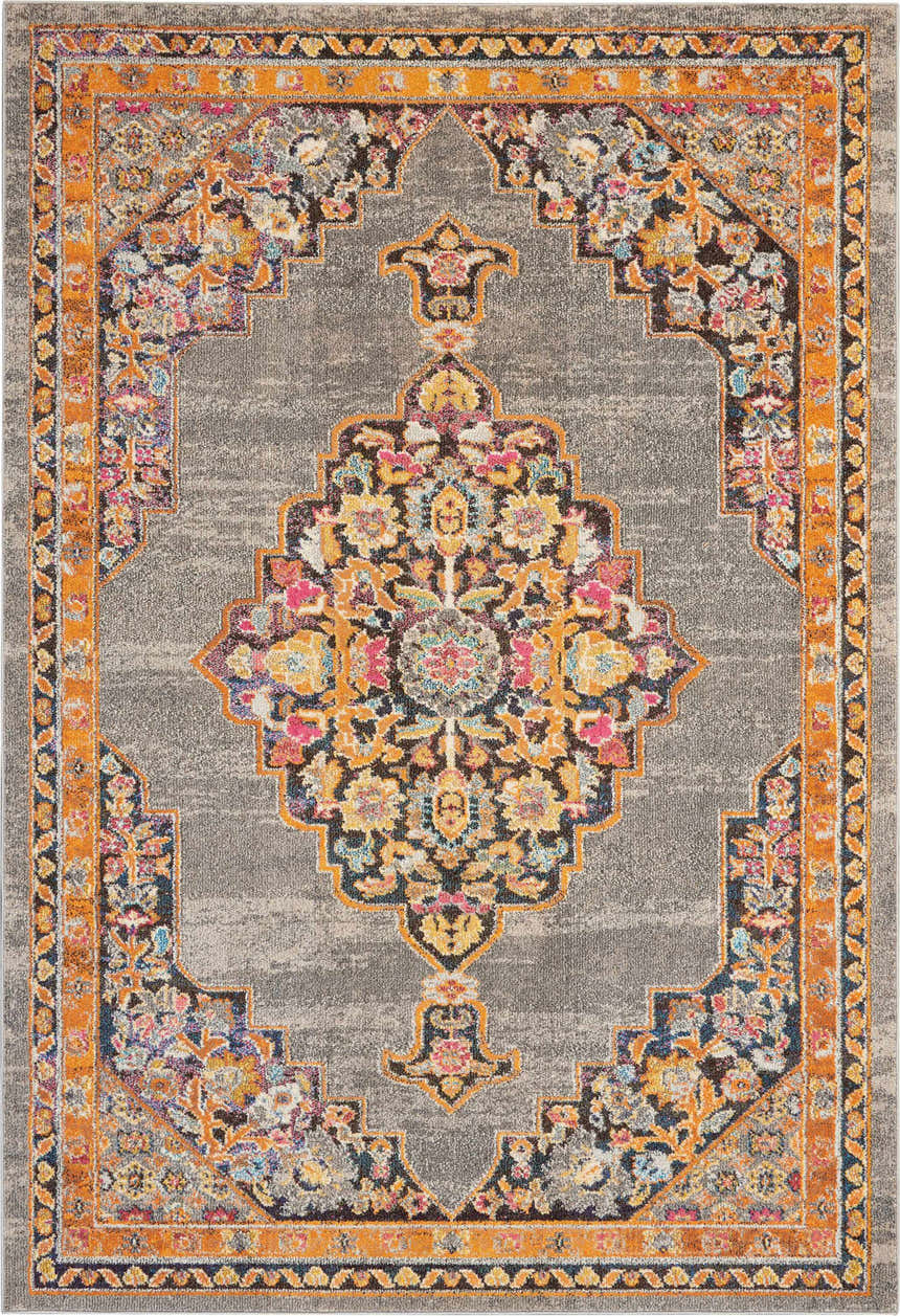 Close-up of Nourison Passionate Grey Bohemian Indoor Area Rug with orange border and floral medallion pattern.