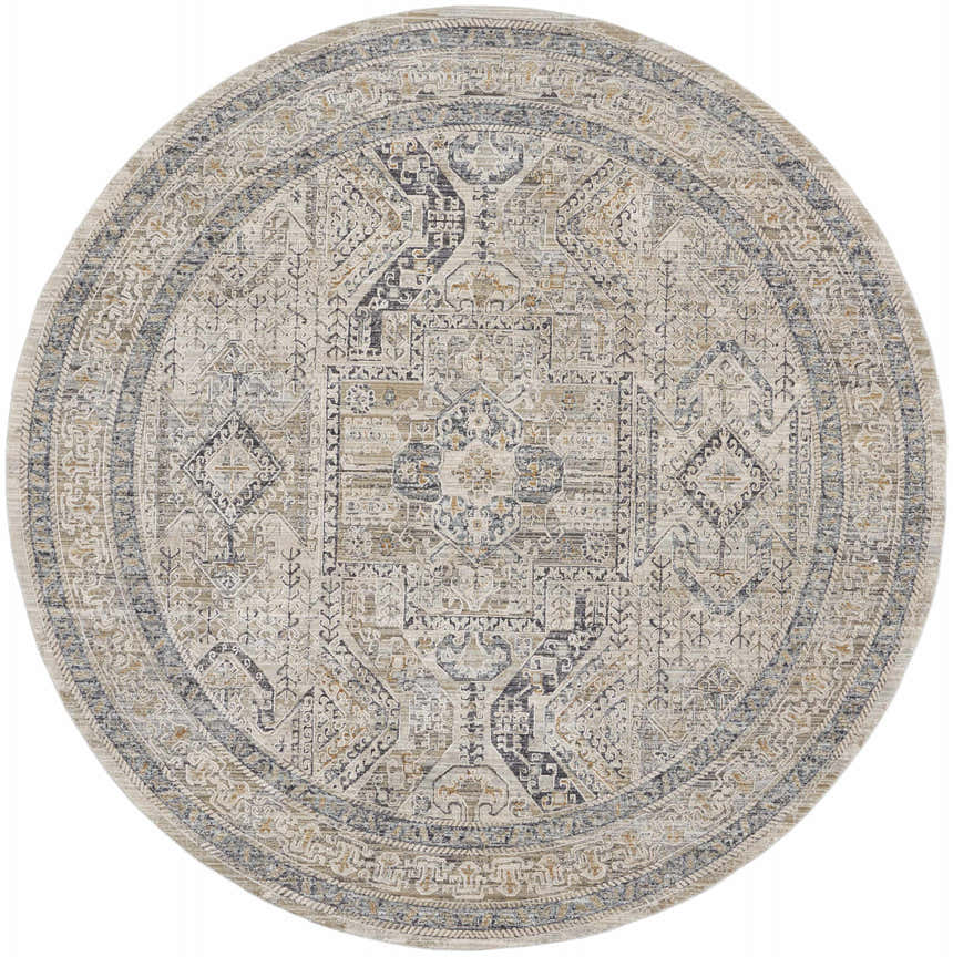 Close-up of a round Nourison Lynx Ivory Grey Blue Vintage Area Rug with a detailed, distressed, geometric pattern.