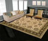 Living room with beige sofa, chairs, and Nourison Heritage Hall Beige Persian Rug.