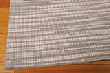 Close-up of the handmade Nourison Capelle Silver rug, with leather and wool stripes and a mid-century modern design.