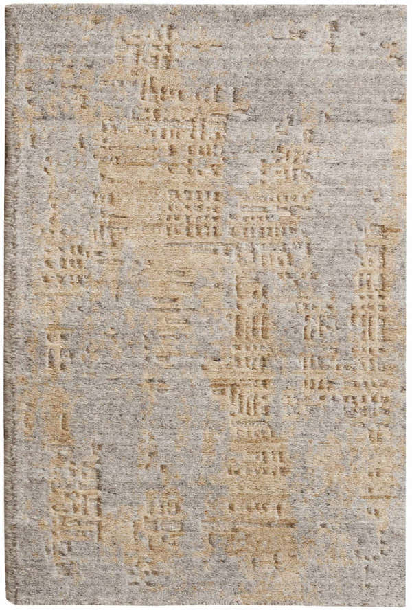 Close-up of the Nourison Harmony Grey Gold rug showing its abstract pattern and textured wool and rayon blend.