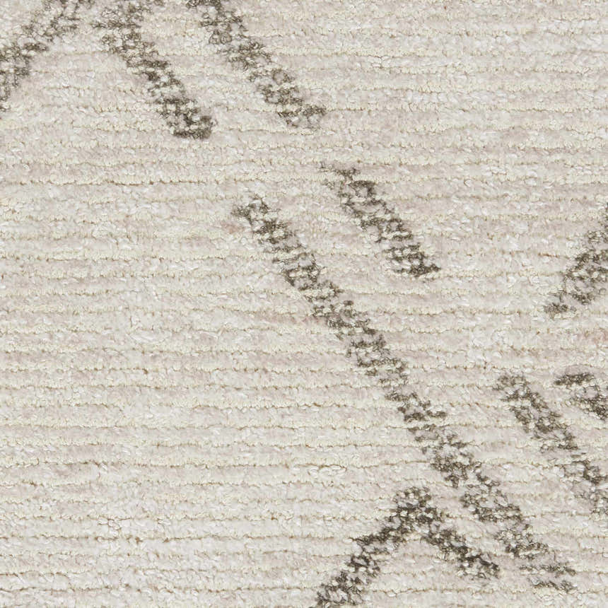 Close-up of Nourison Venosa Ivory/Grey rug. Mid-century modern design with chestnut jute and rayon texture. Handmade rug detail.