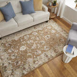 Living room scene with a Feizy Prescott tan and ivory rug under a sofa. Roomscene-Rectangle