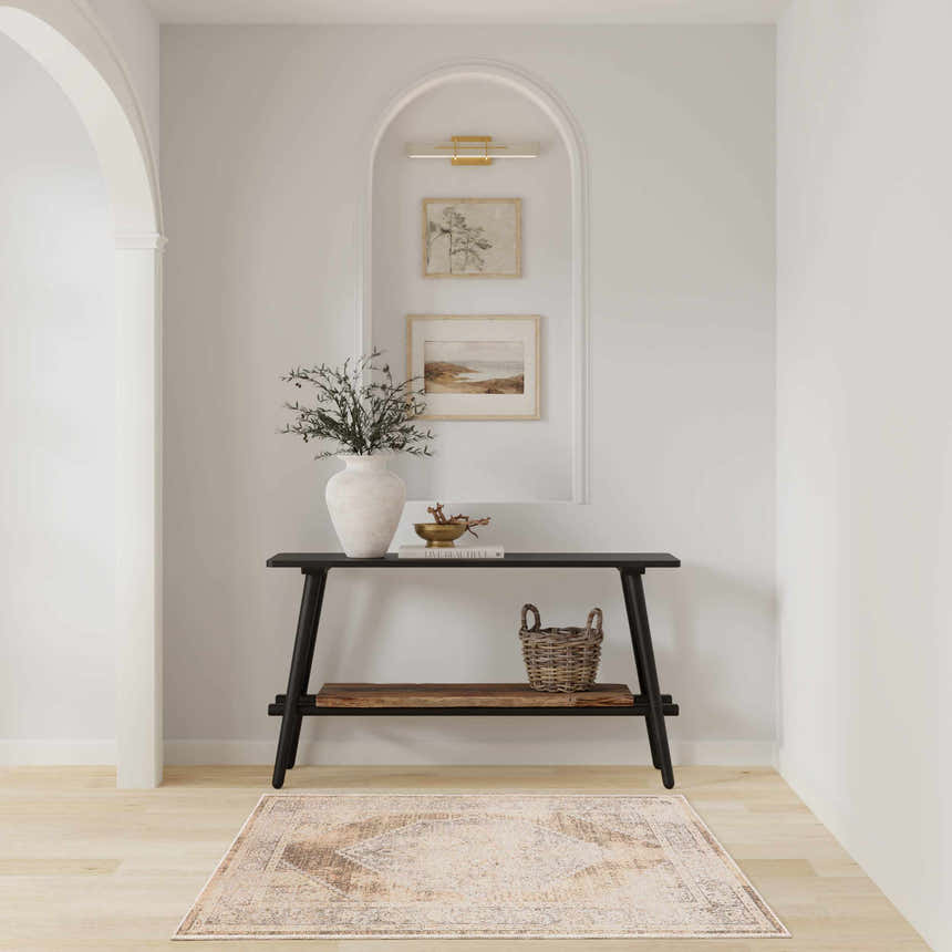 Entryway with a Nourison Astra Beige Vintage rug, console table, vase, and neutral decor.