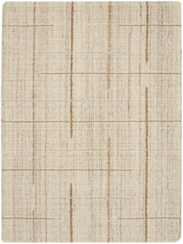 Close-up of Calvin Klein CK041 Architectura Natural Farmhouse rug. Handmade wool rug with brick red and beige linear pattern.