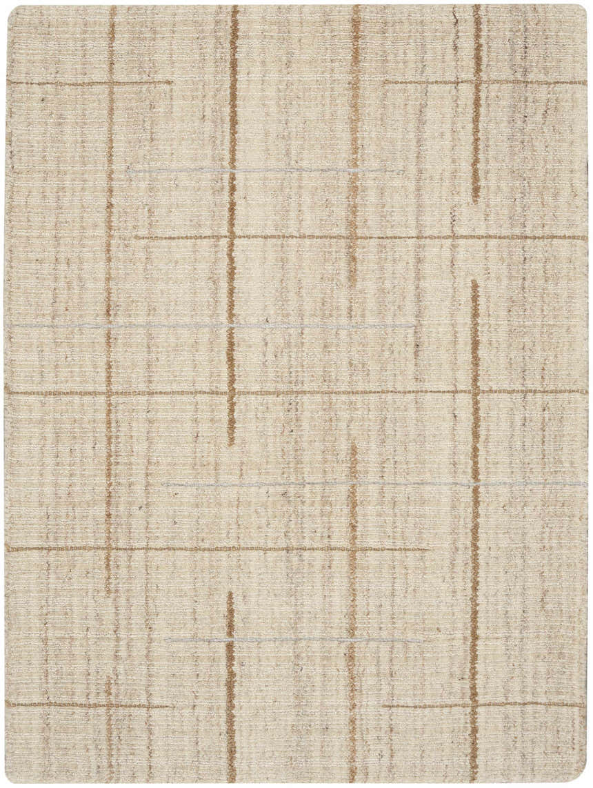 Close-up of Calvin Klein CK041 Architectura Natural Farmhouse rug. Handmade wool rug with brick red and beige linear pattern.