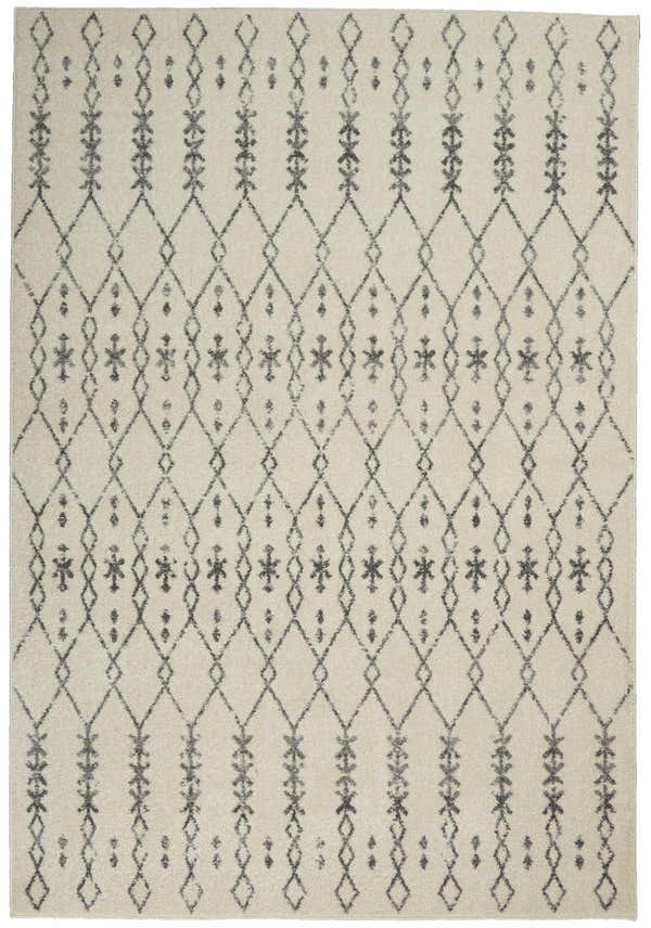Close-up of Nourison Passion Ivory Grey Bohemian Indoor Area Rug with diamond and geometric pattern.