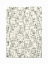 Close-up of Calvin Klein Tucson Ivory/Light Grey rug. Abstract, textured wool rug with a mid-century modern design.