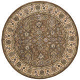 Close-up of the round Nourison 2000 Mushroom rug. Traditional floral pattern in mushroom, beige, and brown tones.