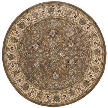 Close-up of the round Nourison 2000 Mushroom rug. Traditional floral pattern in mushroom, beige, and brown tones.