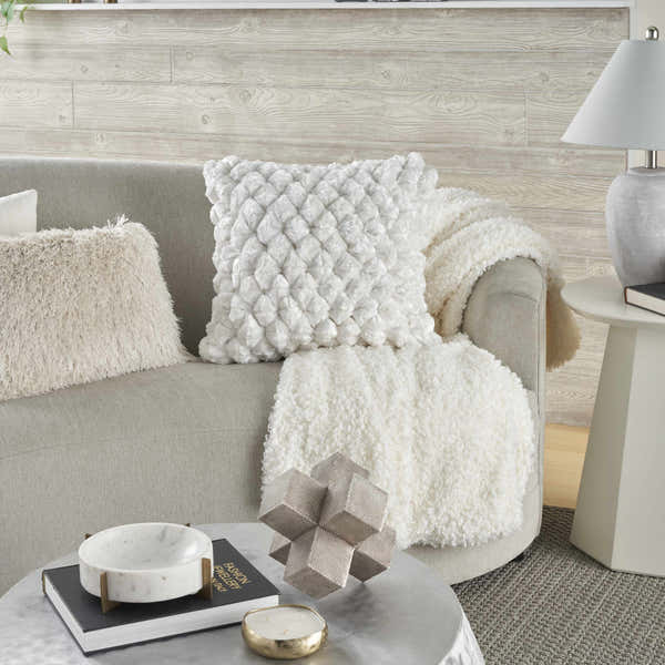 Mina Victory Sofia Velvet Shimmer Poms White Indoor Throw Pillow