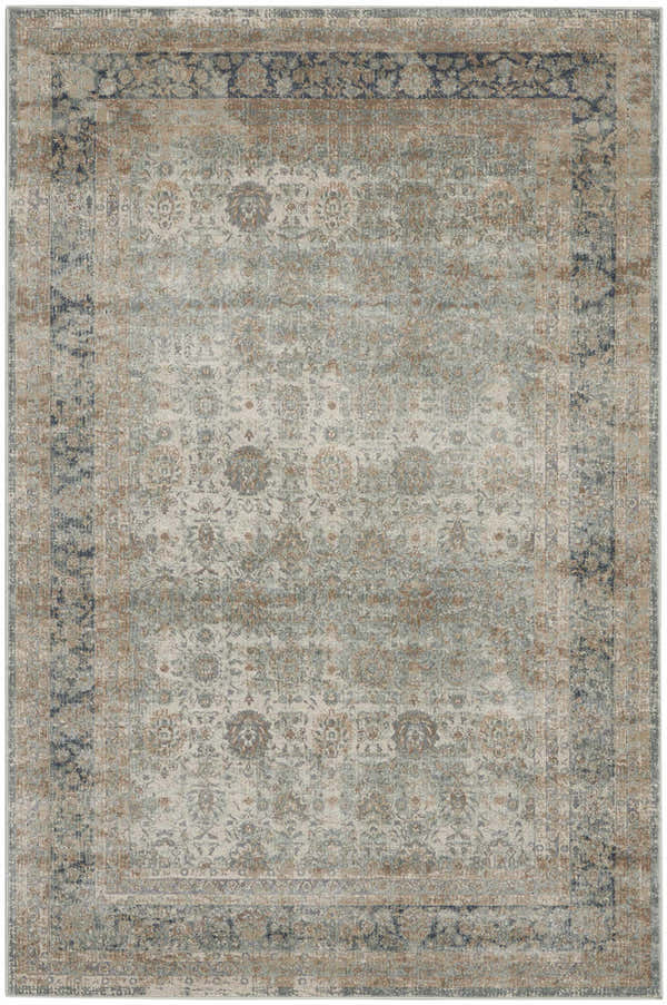 Close-up of the Nourison Malta Cloud Vintage Area Rug, featuring a distressed floral pattern in cloud, tan, and navy.