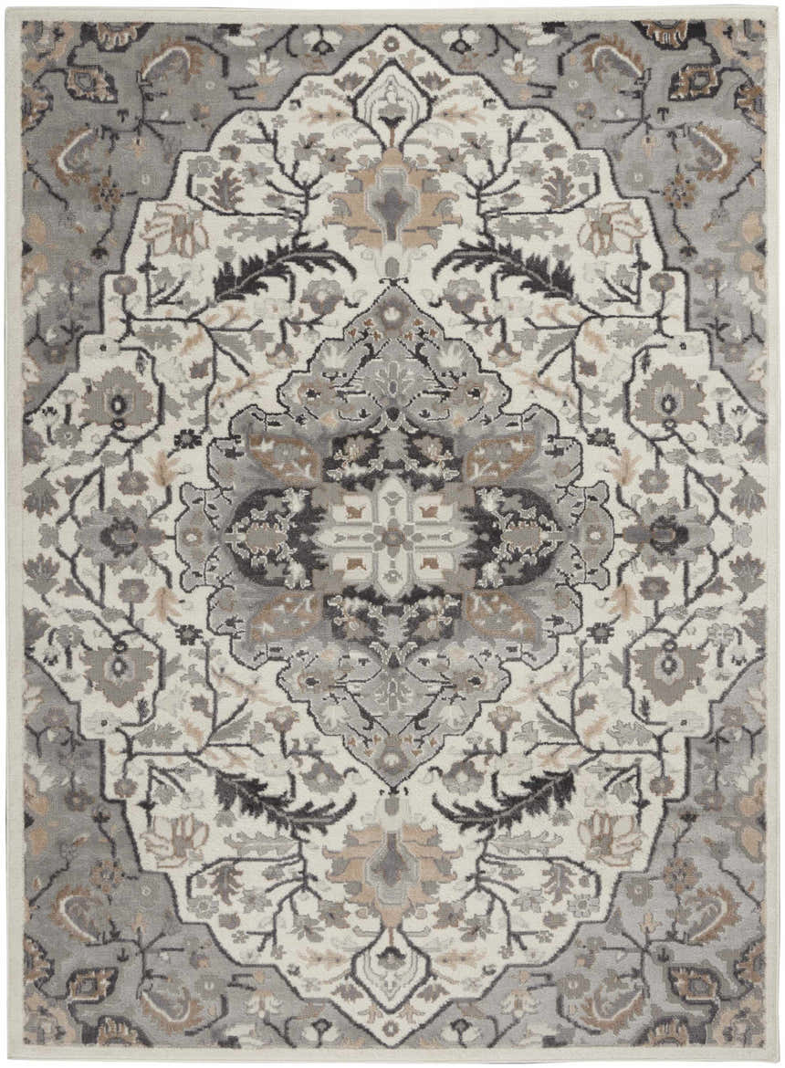 Close-up of the Nourison Elation Ivory Grey rug. Features a traditional floral pattern in ivory, grey, and chestnut. High pile texture.