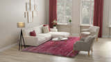 Living room scene with a Feizy Indochine blush pink rug, white sofa, armchairs, and pink curtains. Roomscene-Rectangle